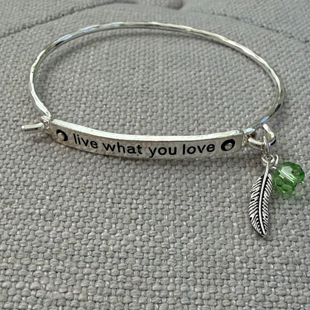 Live What You Love Silver Inspirational Bangle Bracelet with Green Charm